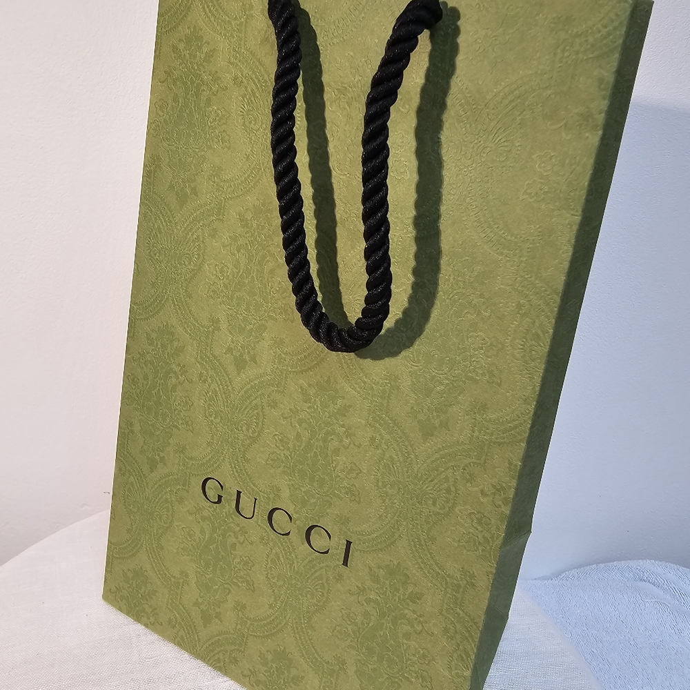 GUCCI paper shopping bag green embossed black cord handle 11.5" x 7.75" x 4.5"
